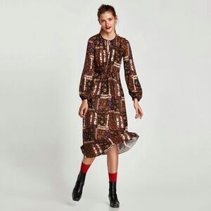 Zara Patchwork Floral Boho Peasant Midi Dress MulticolorXS